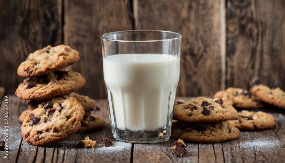 Wall mural A glass of milk with cookies on a table - Wall murals