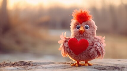 Cute rooster toy with red heart, Valentine's day. - 733237065