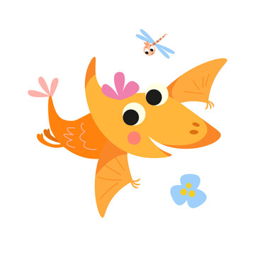 Cute cartoon pteranosaurus. Flat stylised isolated simple illustration for design on white background. Vector graphics.