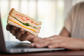 Close-up of a woman using a laptop while holding a tasty sandwich for the concept of fast food...