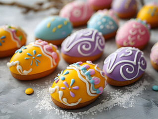 Obraz premium A slate tray with colorful frosted Easter egg cookies on top.