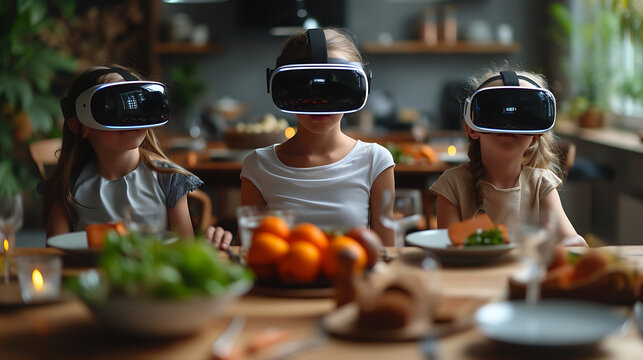 People having dinner in the dining futuristic room using vr glasses futuristic background AI Image Generative