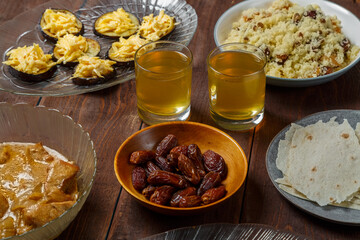 set table meat bread couscous uzvar for iftar ramadan meal