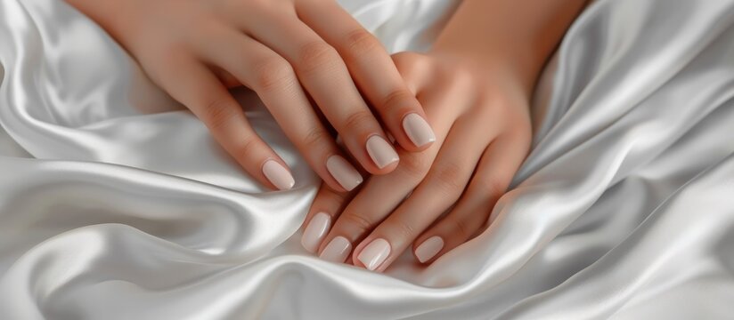 Close up of woman hands with beautiful fingernails on white silky cloth. Generated AI image
