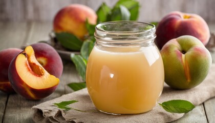 A jar of honey with peaches in the background