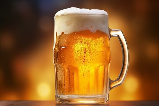 A close-up of a clear beer mug filled with light-colored lager beer. Generative AI