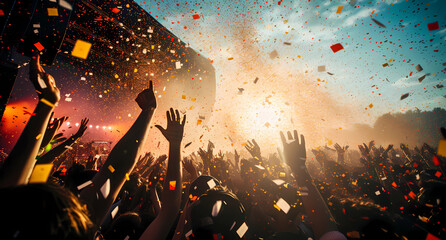 music lovers throw confetti a the stage at a concert