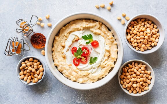 Chickpeas in white bowl with ingredients for cooking hummus at light kitchen table.