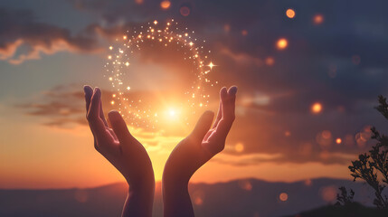 hands holding the sun at dawn, hands like holding round stars and the sun - Powered by Adobe