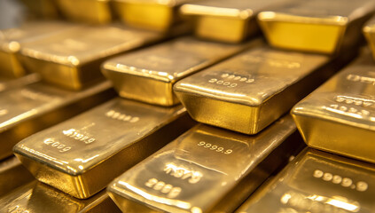 Stack of shiny gold bars arranged tightly.
