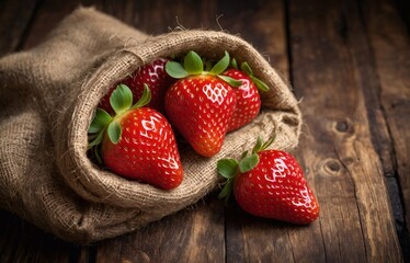 Fresh strawberries in a burlap bag on a dark wooden background.