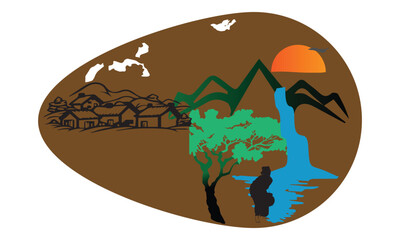 village theme t shirt design. Vintage design. Sport typography, t-shirt graphics, print, poster, banner, flyer, postcard, etc. green hills, trees, spring, road, mountains, panorama. 