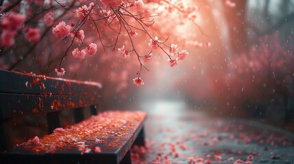 Ławka w parku w deszczu z różowymi kwiatami