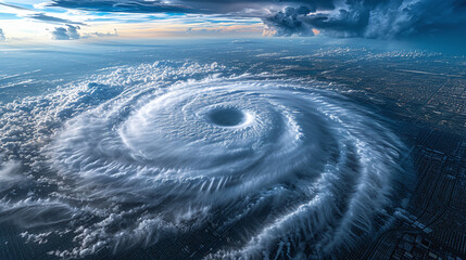 An aerial view of a massive hurricane approaching a coastal city.