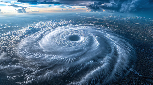 An aerial view of a massive hurricane approaching a coastal city.