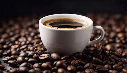 cup of coffee on coffee beans, dark background.