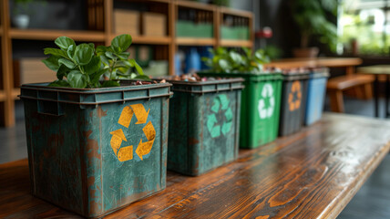 plants in recycling bins in a classroom
