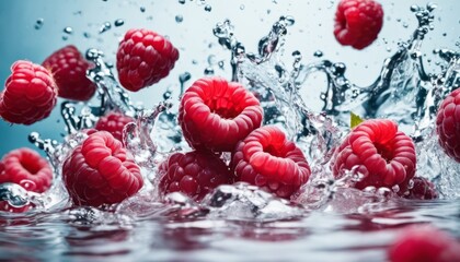 A bunch of raspberries in water