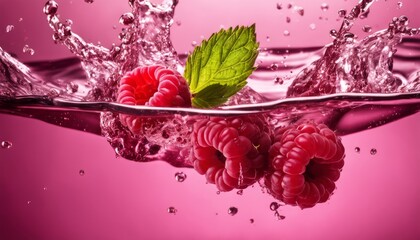 A raspberry in water with a green leaf