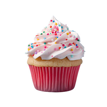 White Vanilla Cupcake and Icing with colorful sprinkles on top, birthday cupcake, Isolated on Transparent Background PNG