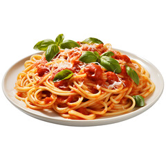Spaghetti or pasta with tomato sauce and fresh green basil on a white plate isolated on a transparent background - top view