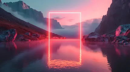 Photo sur Plexiglas Réflexion A pink neon rectangle is centered in the middle of a lake, reflecting off the water. The sky above is pink and purple, with clouds over a mountain range.