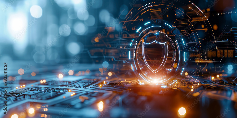 Poster cybersecurity and data protection concept with shield icon hologram over futuristic interface elemen