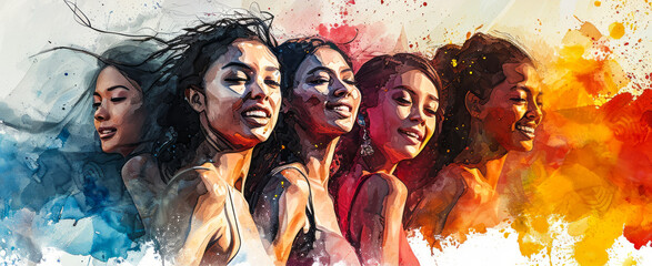 Watercolor representation of diverse women celebrating International Women's Day with vibrant splashes