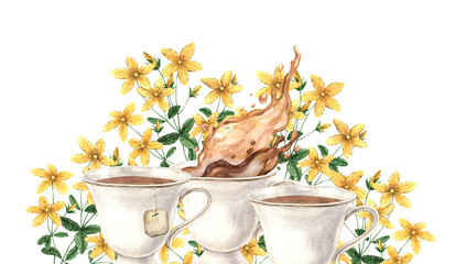 Watercolor composition with vintage mugs and St. John's wort flowers. The illustration is hand drawn on an isolated background. Drawing for menu design, packaging, poster, website, textile invitations