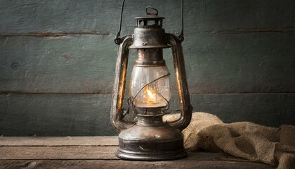 old kerosene lamp,  glow of an old kerosene lamp resting gracefully on a weathered wooden table
