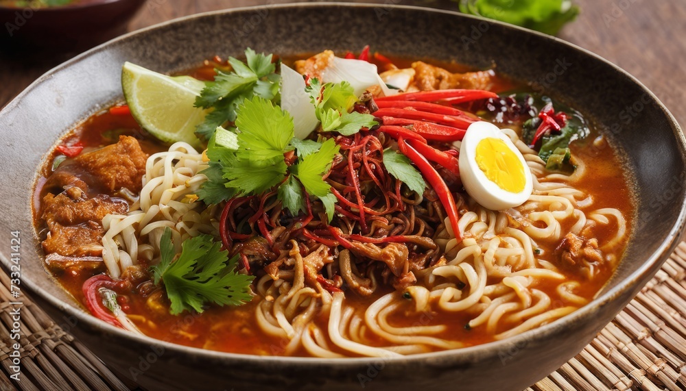 Canvas Prints A bowl of noodles with vegetables and an egg on top