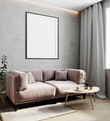 blank frame on gray wall, vertical poster frame mock up in light modern interior background with pink sofa, luxury home interior, 3d rendering