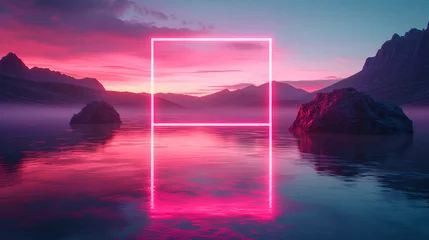 Photo sur Plexiglas Réflexion A pink neon rectangle is centered in the middle of a lake, reflecting off the water. The sky above is pink and purple, with clouds over a mountain range.
