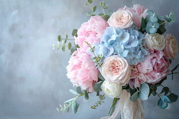 A delicate bouquet of pink peonies, pale roses, and blue hydrangeas complemented by eucalyptus leaves against a soft, hazy background.