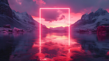 A pink neon rectangle is centered in the middle of a lake, reflecting off the water. The sky above is pink and purple, with clouds over a mountain range.