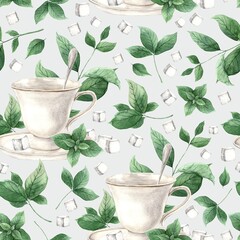Watercolor pattern with mug, saucer, spoon, sugar and mint on a gray background. Illustration is hand drawn, suitable for menu design, packaging, poster, website, textile, invitation, brochure