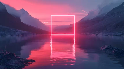 Foto op Canvas A pink neon rectangle is centered in the middle of a lake, reflecting off the water. The sky above is pink and purple, with clouds over a mountain range. © wing