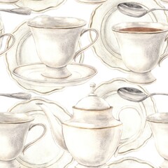 Watercolor pattern with ceramic mug, plate, teapot and spoon on a white background. Illustration is hand drawn, suitable for menu design, packaging, poster, website, textile, invitation, brochure