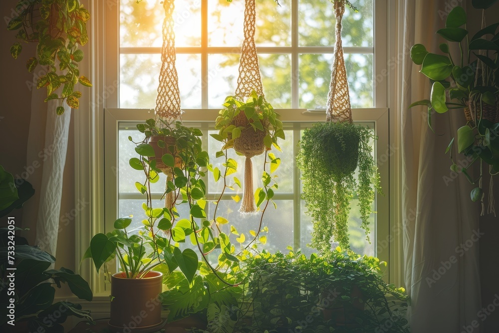 Poster a window display teeming with a diverse array of lush green plants, creating a vibrant and refreshin