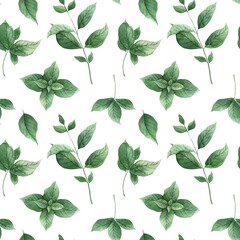 Watercolor seamless pattern with juicy, spicy mint on a white background. Illustration is hand drawn, suitable for menu design, packaging, poster, website, textile, invitation, brochure - obrazy, fototapety, plakaty