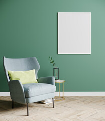 Blank poster frame in Empty bright modern living room mock up with blue armchair and coffee table with decoration on empty green wall background, living room interior background, 3d rendering