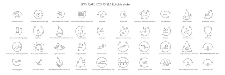 Beauty skin care icon pack set for patch, cream, mask cosmetic and beauty product, medical clinic, web, packaging. Vector stock illustration isolated on white background. Editable stroke.