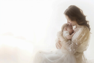 Fototapeta na wymiar A serene scene of a mother tenderly breastfeeding her child, with soft, warm light enveloping them in a cozy embrace, set against a pure white background