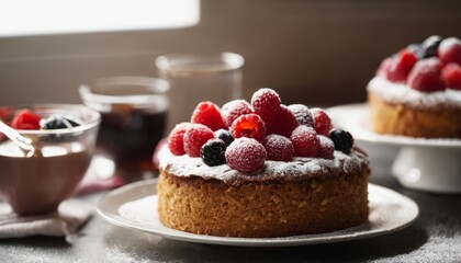 A cake with fruit on top and a bowl of fruit