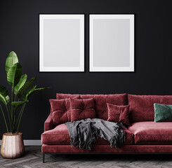 Blank vertical two frames on dark gray wall in modern living room interior with dark red sofa, plant, 3d rendering