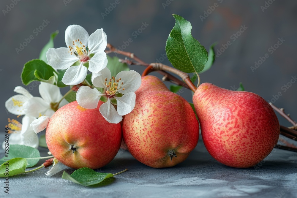 Poster Three ripe pears with white blossoms arranged neatly on a table, creating a colorful and appetizing display.
