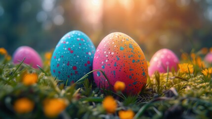 Wielkanoc. Grupa kolorowych jajek leżących na szczycie bujnego, zielonego pola - obrazy, fototapety, plakaty