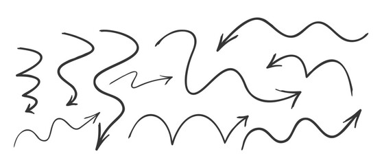 Set Of Hand-drawn, Whimsical Arrows In Sketchy Doodle Styles, Featuring Playful Curves, Ideal For Informal Graphics