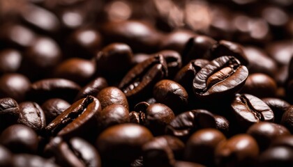 A pile of dark brown coffee beans - obrazy, fototapety, plakaty