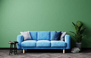 Bright interior with blue sofa and green wall, modern living room interior. 3d rendering